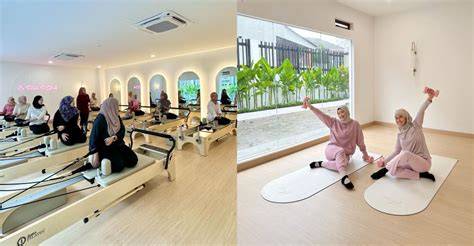 Hijab Xhamster kunjungi studio pilates core latihan glide nada & flanel motif garis kinerja optimal terbaru image 2